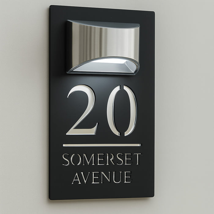 Grandeur Solar House Number Sign With Solar Light Laser Cut Door Name Plaque - Black and Silver Modern Fonts