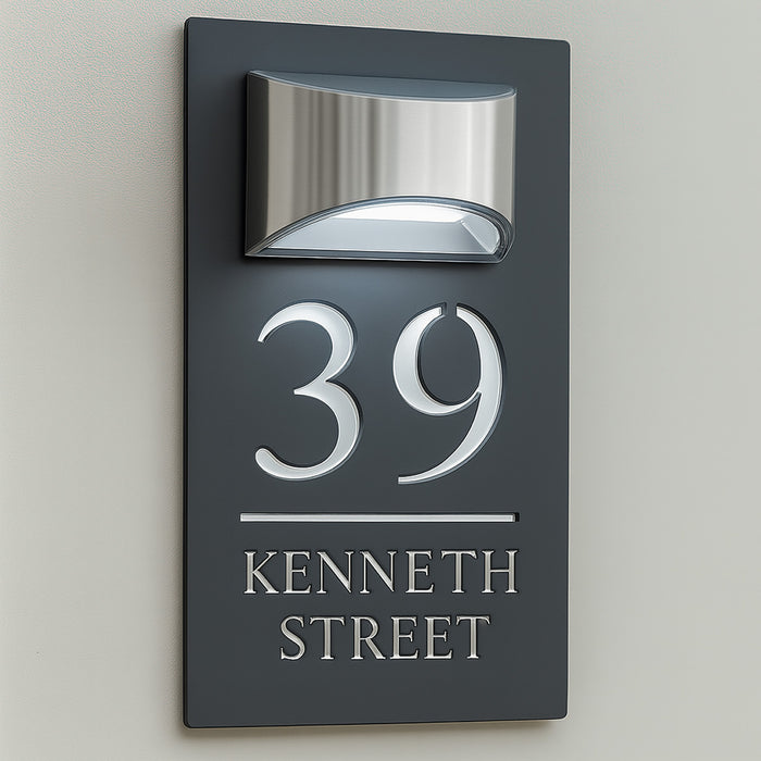 Grandeur Solar House Number Sign With Solar Light Laser Cut Door Name Plaque - Grey and Silver Modern Fonts