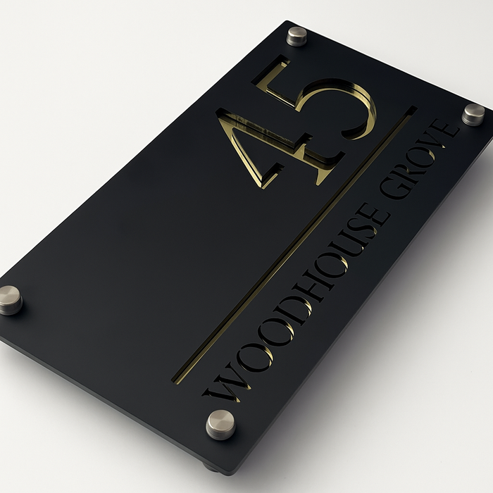 Majestic House Number Sign Modern Style Door Name Plaque - Black and Gold Font