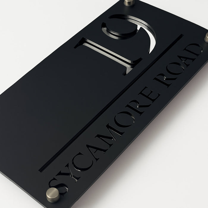 Majestic House Number Sign Modern Style Door Name Plaque - Black and Silver Font