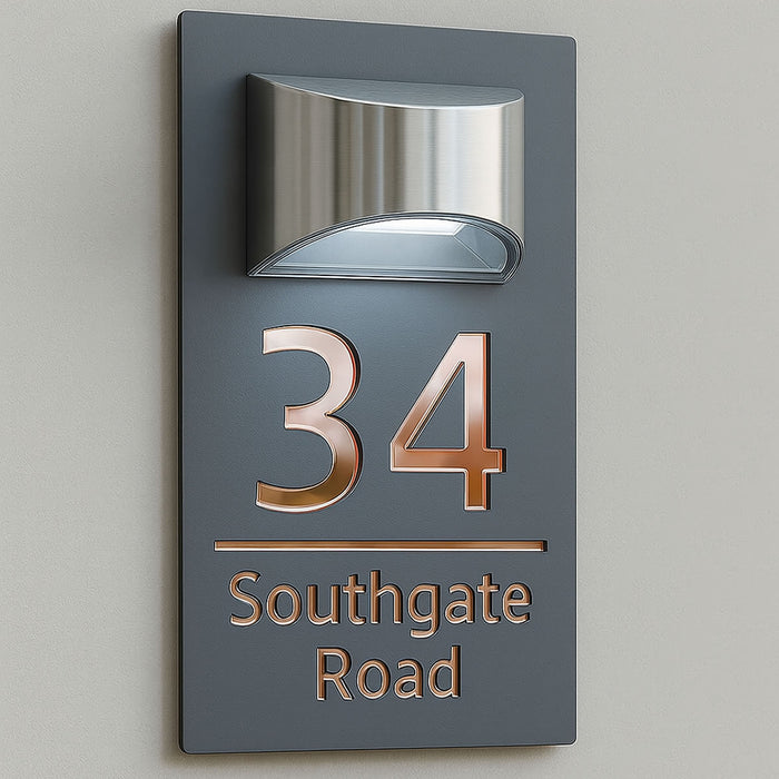 Grandeur Solar House Number Sign With Solar Light Laser Cut Door Name Plaque - Grey and Rose Gold Classic Fonts