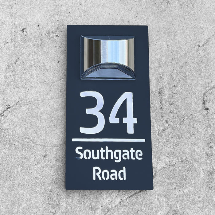 Grandeur Solar House Number Sign With Solar Light Laser Cut Door Name Plaque - Grey and Silver Classic Fonts