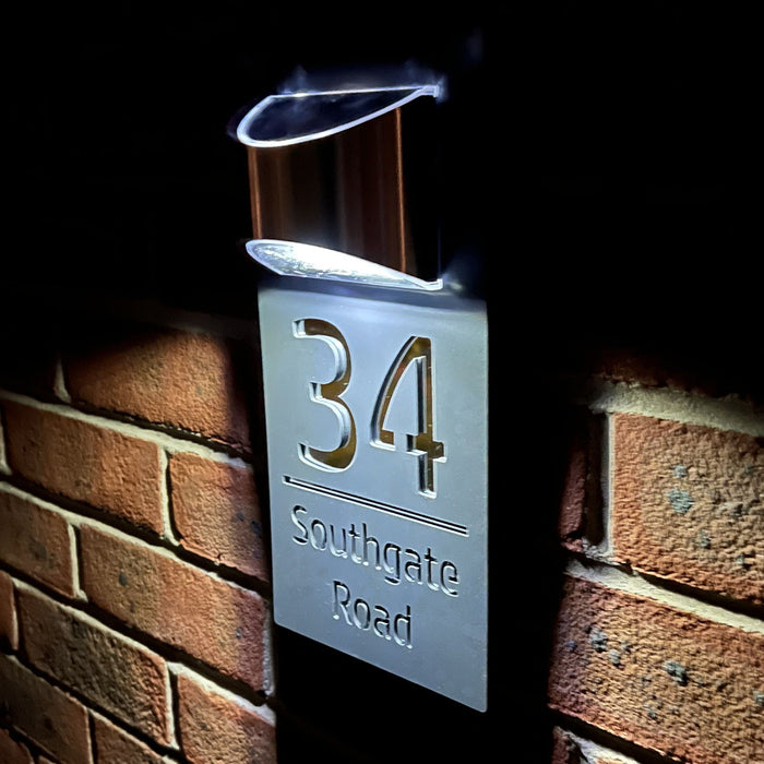 Grandeur Solar House Number Sign With Solar Light Laser Cut Door Name Plaque - Grey and Silver Classic Fonts