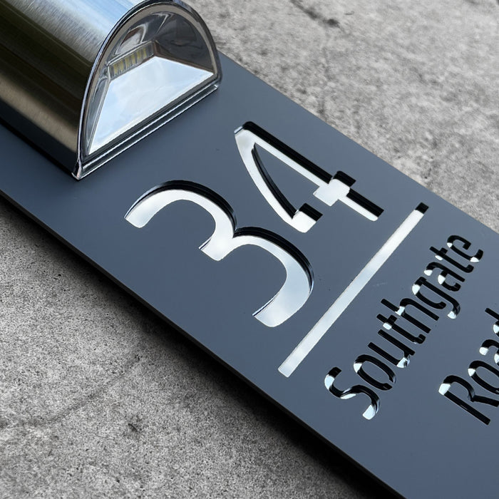 Grandeur Solar House Number Sign With Solar Light Laser Cut Door Name Plaque - Grey and Silver Classic Fonts