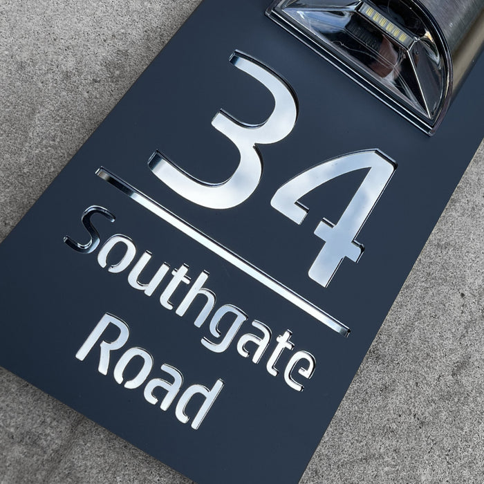 Grandeur Solar House Number Sign With Solar Light Laser Cut Door Name Plaque - Grey and Silver Classic Fonts