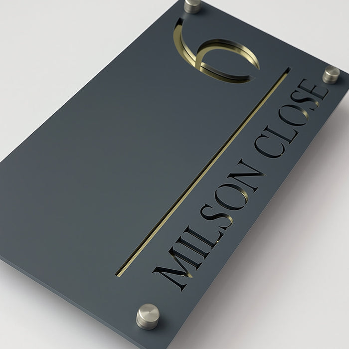 Majestic House Number Sign Modern Style Door Name Plaque - Grey and Gold Font