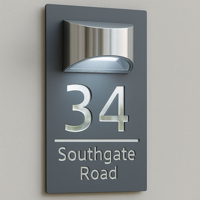 Grandeur Solar House Number Sign With Solar Light Laser Cut Door Name Plaque - Grey and Silver Classic Fonts