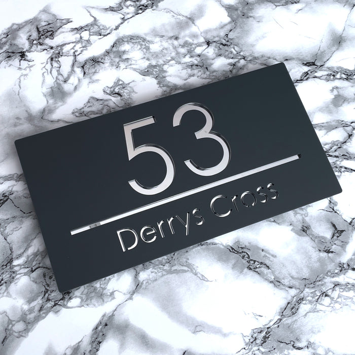 Premier House Number Sign Modern Floating Style Door Name Plaque - Silver & Grey (CENTRED TEXT)