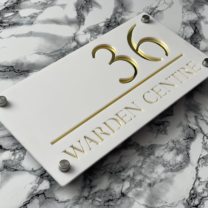 Majestic House Number Sign Modern Style Door Name Plaque - White and Gold Font