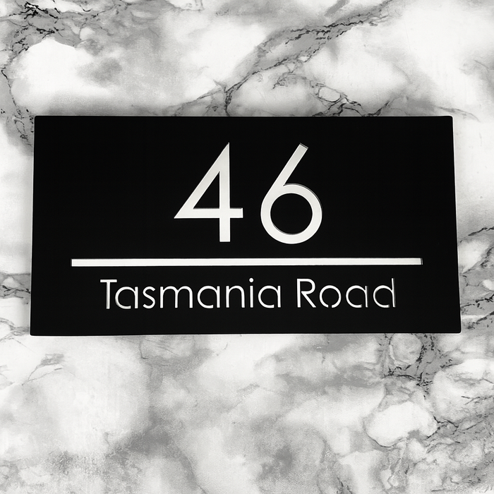 Premier House Number Sign Modern Floating Style Door Name Plaque - Silver & Black (CENTRED TEXT)