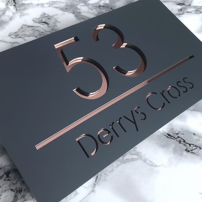 Premier House Number Sign Modern Floating Style Door Name Plaque - Rose Gold & Grey (CENTRED TEXT)