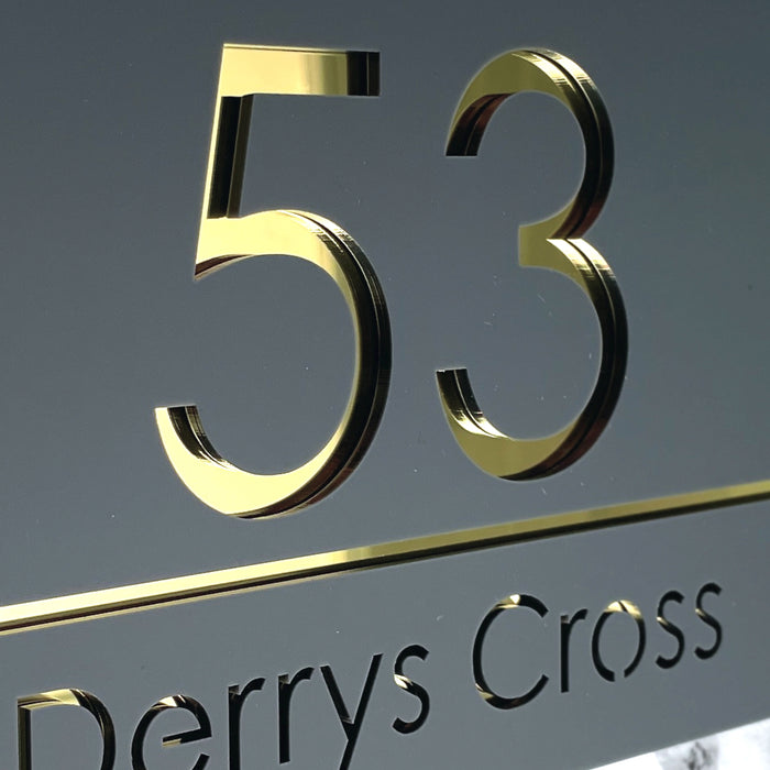 Premier House Number Sign Modern Floating Style Door Name Plaque - Gold & Grey (CENTRED TEXT)