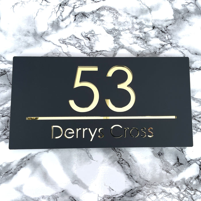 Premier House Number Sign Modern Floating Style Door Name Plaque - Gold & Grey (CENTRED TEXT)