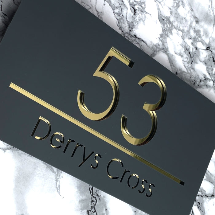 Premier House Number Sign Modern Floating Style Door Name Plaque - Gold & Grey (CENTRED TEXT)