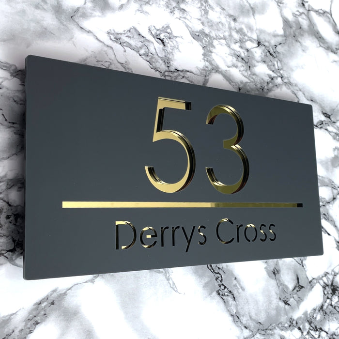 Premier House Number Sign Modern Floating Style Door Name Plaque - Gold & Grey (CENTRED TEXT)