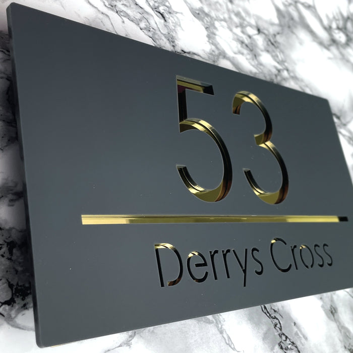 Premier House Number Sign Modern Floating Style Door Name Plaque - Gold & Grey (CENTRED TEXT)