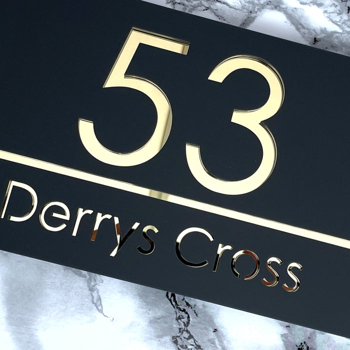 Premier House Number Sign Modern Floating Style Door Name Plaque - Gold & Grey (CENTRED TEXT)