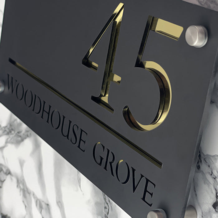 Majestic House Number Sign Modern Style Door Name Plaque - Black and Gold Font