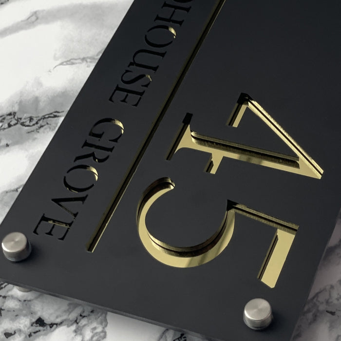 Majestic House Number Sign Modern Style Door Name Plaque - Black and Gold Font