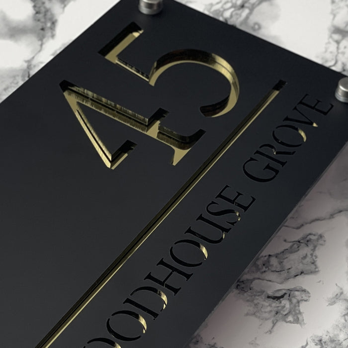 Majestic House Number Sign Modern Style Door Name Plaque - Black and Gold Font