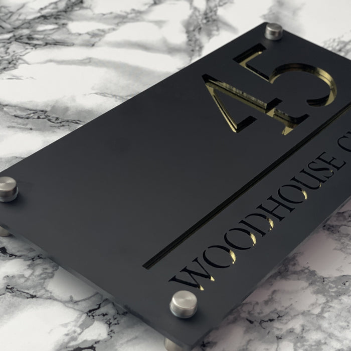 Majestic House Number Sign Modern Style Door Name Plaque - Black and Gold Font
