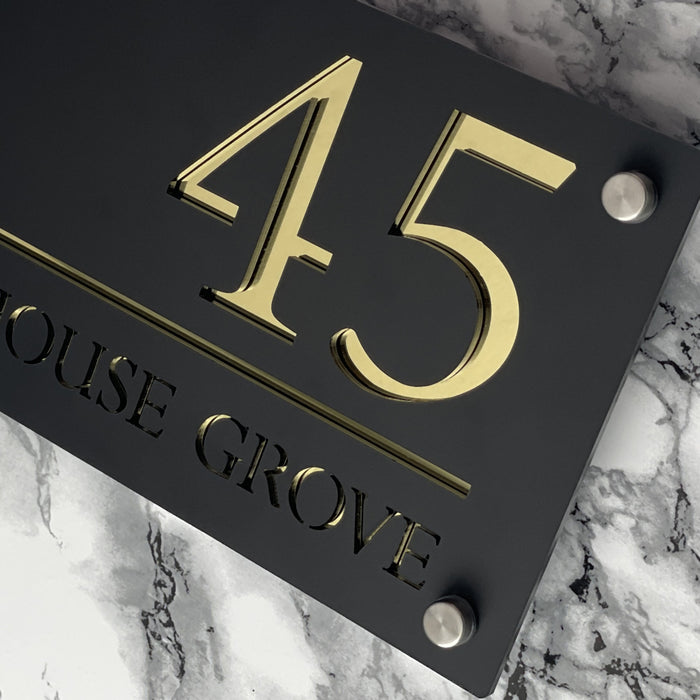Majestic House Number Sign Modern Style Door Name Plaque - Black and Gold Font