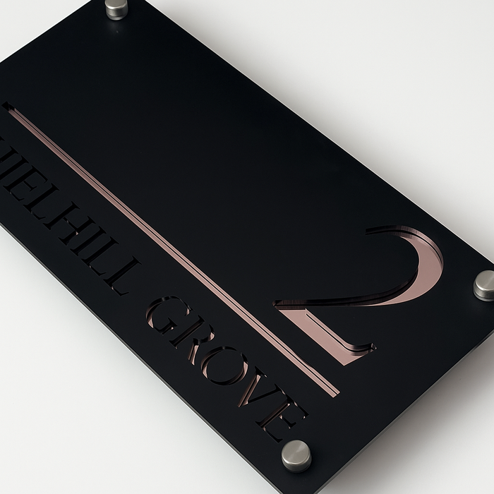 Majestic House Number Sign Modern Style Door Name Plaque - Black and Rose Gold Font