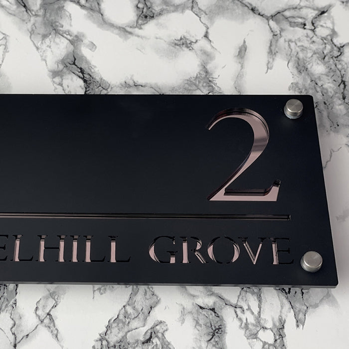 Majestic House Number Sign Modern Style Door Name Plaque - Black and Rose Gold Font