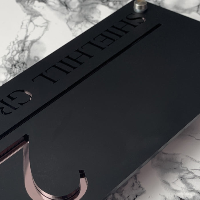 Majestic House Number Sign Modern Style Door Name Plaque - Black and Rose Gold Font
