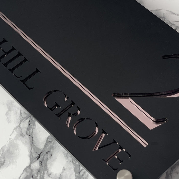 Majestic House Number Sign Modern Style Door Name Plaque - Black and Rose Gold Font