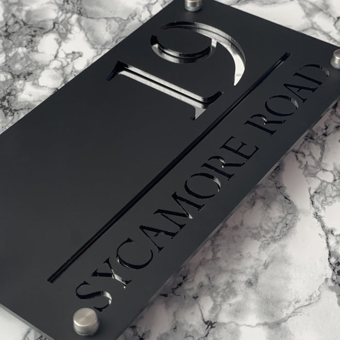 Majestic House Number Sign Modern Style Door Name Plaque - Black and Silver Font