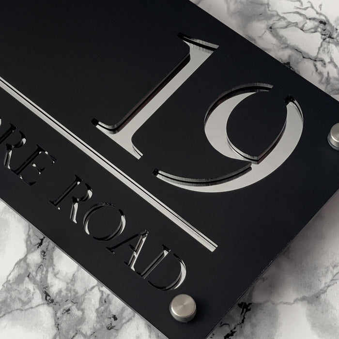 Majestic House Number Sign Modern Style Door Name Plaque - Black and Silver Font