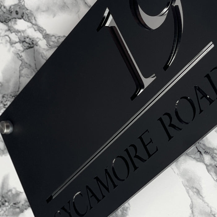 Majestic House Number Sign Modern Style Door Name Plaque - Black and Silver Font