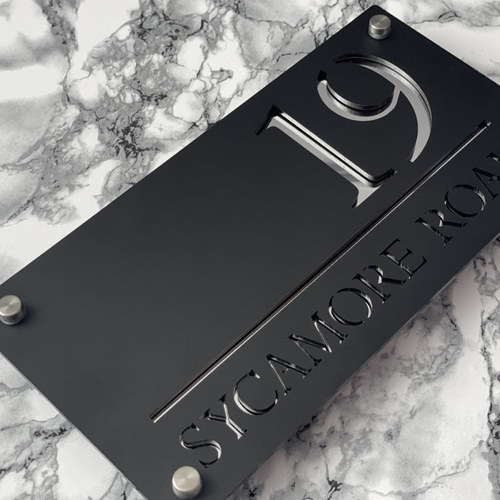 Majestic House Number Sign Modern Style Door Name Plaque - Black and Silver Font