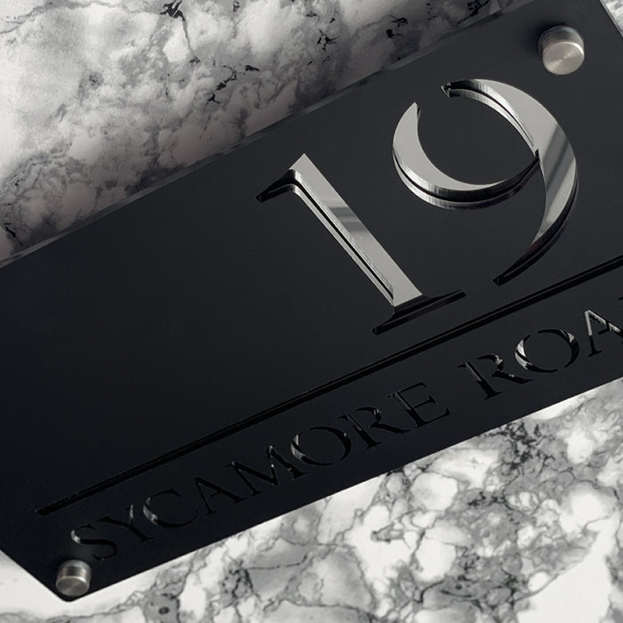 Majestic House Number Sign Modern Style Door Name Plaque - Black and Silver Font