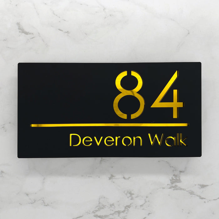 Premier House Number Sign Modern Floating Style Door Name Plaque - Gold & Black