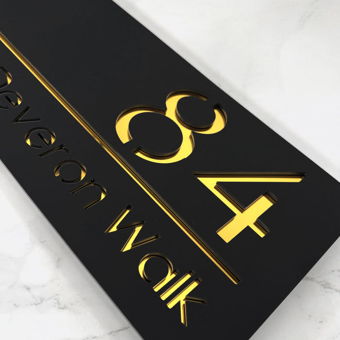 Premier House Number Sign Modern Floating Style Door Name Plaque - Gold & Black