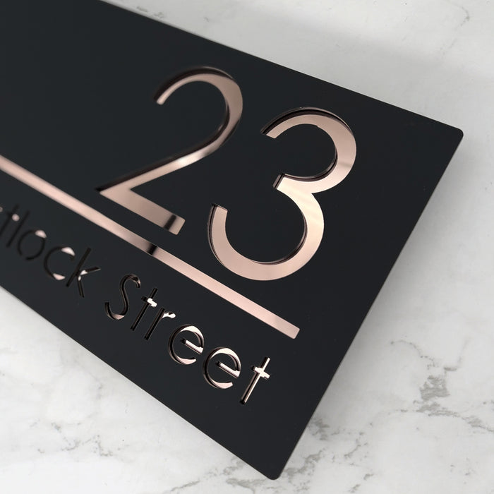 Premier House Number Sign Modern Floating Style Door Name Plaque - Rose Gold & Black