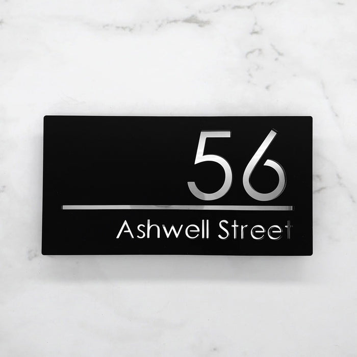 Premier House Number Sign Modern Floating Style Door Name Plaque - Silver & Black