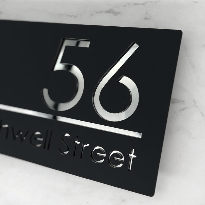 Premier House Number Sign Modern Floating Style Door Name Plaque - Silver & Black