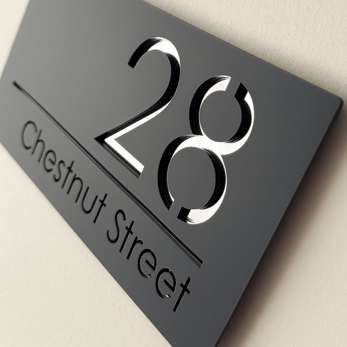 Premier House Number Sign Modern Floating Style Door Name Plaque - Silver & Grey