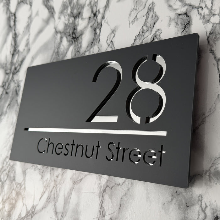 Premier House Number Sign Modern Floating Style Door Name Plaque - Silver & Grey