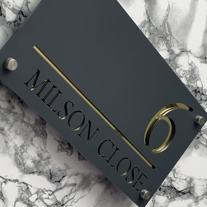 Majestic House Number Sign Modern Style Door Name Plaque - Grey and Gold Font