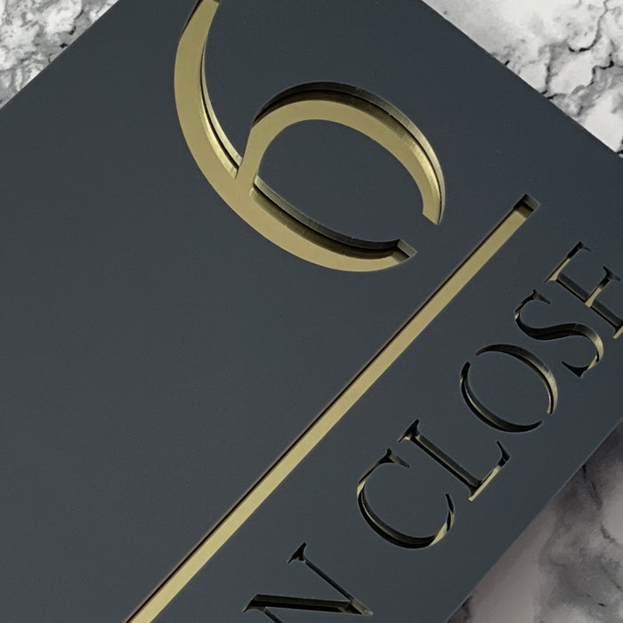 Majestic House Number Sign Modern Style Door Name Plaque - Grey and Gold Font