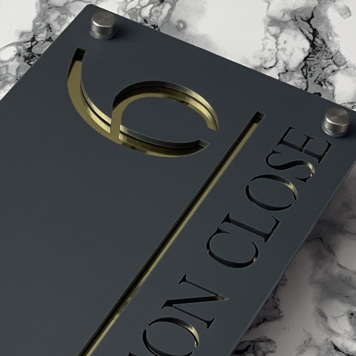 Majestic House Number Sign Modern Style Door Name Plaque - Grey and Gold Font