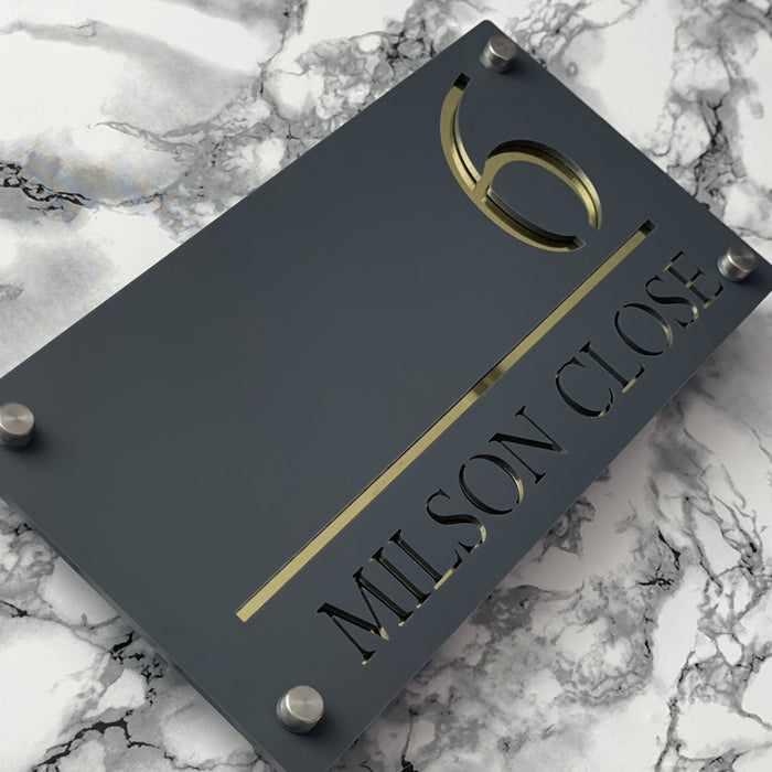 Majestic House Number Sign Modern Style Door Name Plaque - Grey and Gold Font