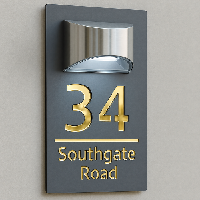 Grandeur Solar House Number Sign With Solar Light Laser Cut Door Name Plaque - Grey and Gold Classic Fonts