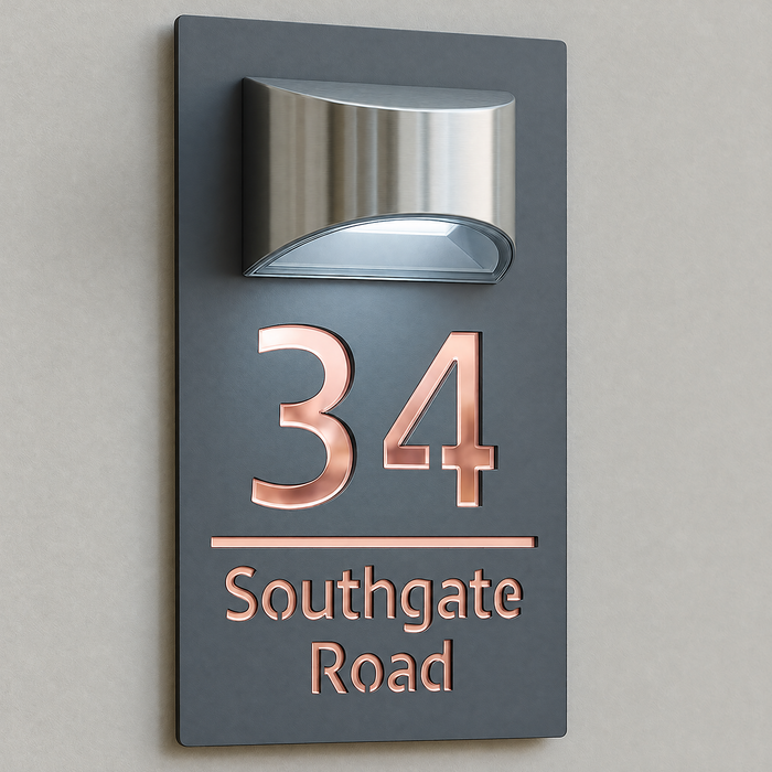 Grandeur Solar House Number Sign With Solar Light Laser Cut Door Name Plaque - Grey and Rose Gold Classic Fonts