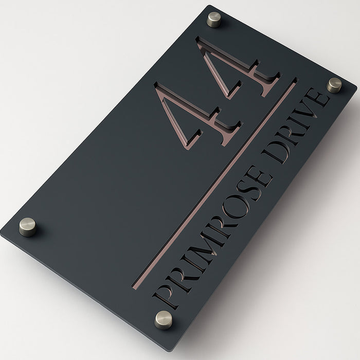 Majestic House Number Sign Modern Style Door Name Plaque - Grey and Rose Gold Font