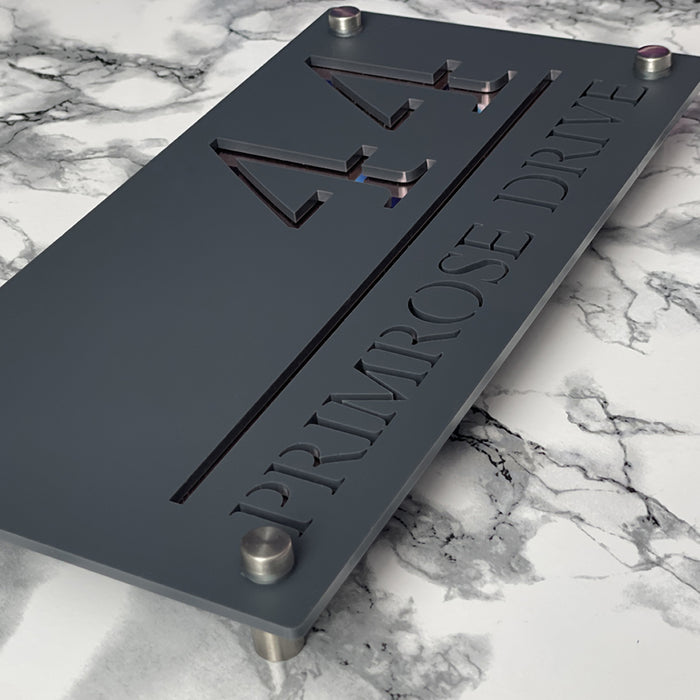 Majestic House Number Sign Modern Style Door Name Plaque - Grey and Rose Gold Font